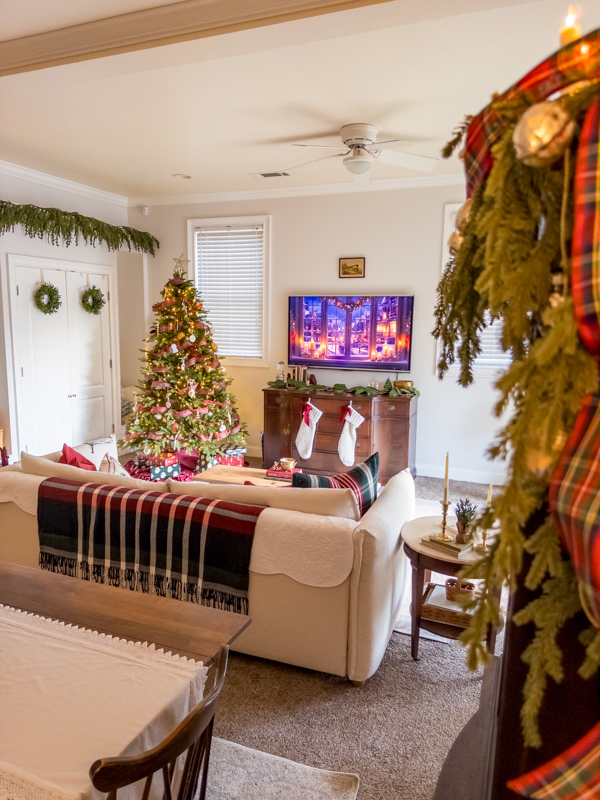 Living room decorated for Christmas in a Ralph Lauren style