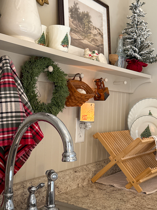 Kitchen decorated with thrift store finds to get a Ralph Lauren Christmas aesthetic