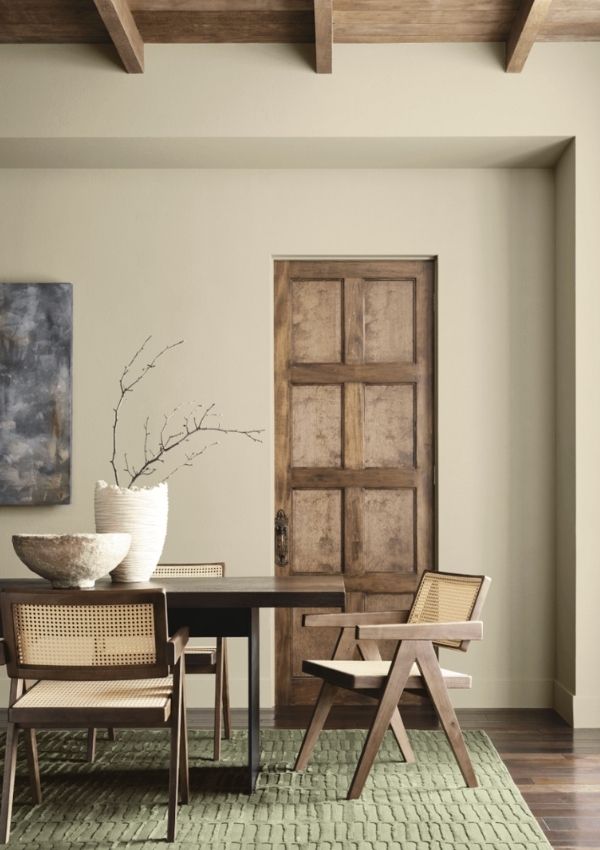 Sherwin Williams paint color of the year universal khaki painted on a wall.