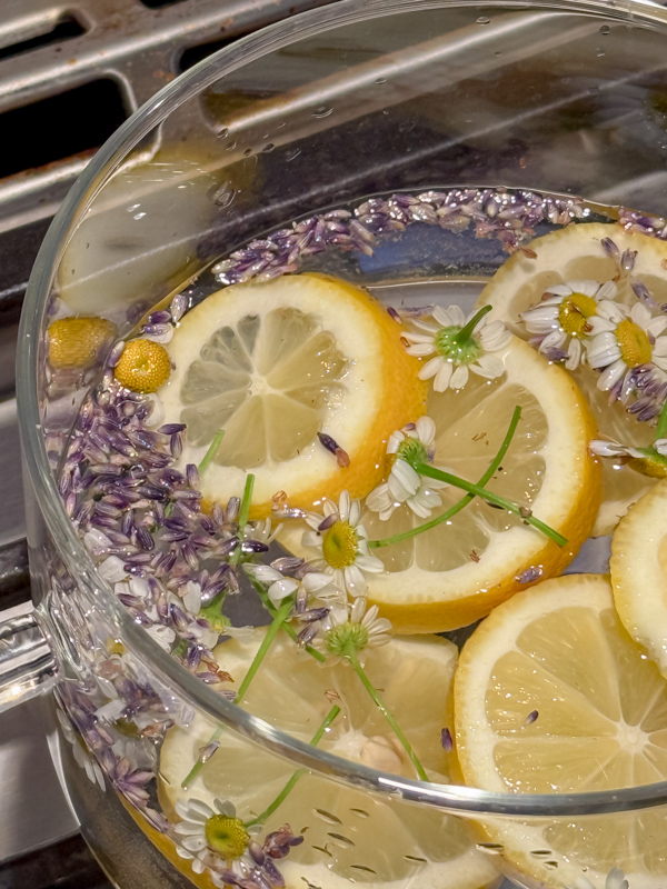 Spring easter simmer pot ingredients in a clear pot