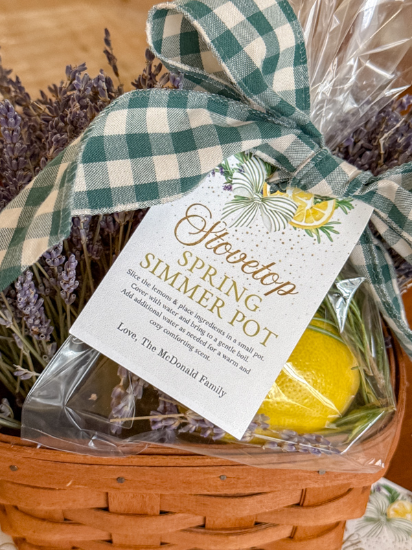 Spring simmer pot gift tags with green and white gingham bow