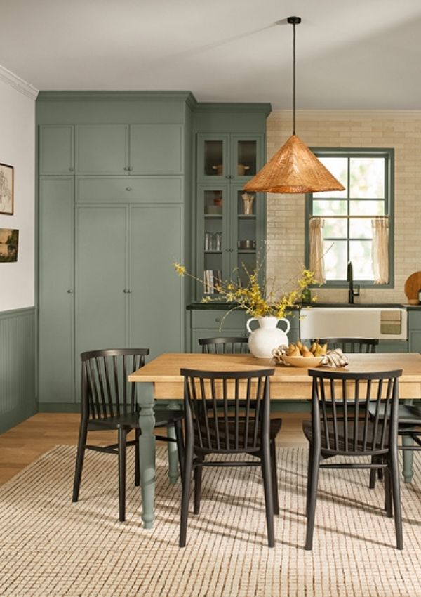 Valspar paint color of the year Warm Eucalyptus painted on cabinets