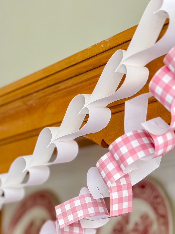 Pink, white and gingham heart paper chains for Valentine decoration
