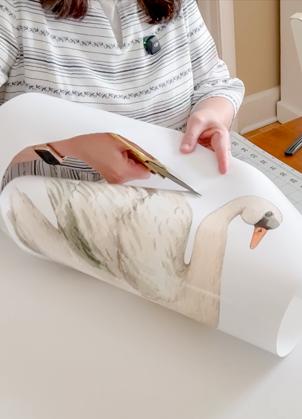 Cut out printable watercolor swan to make a large swan wall decoration