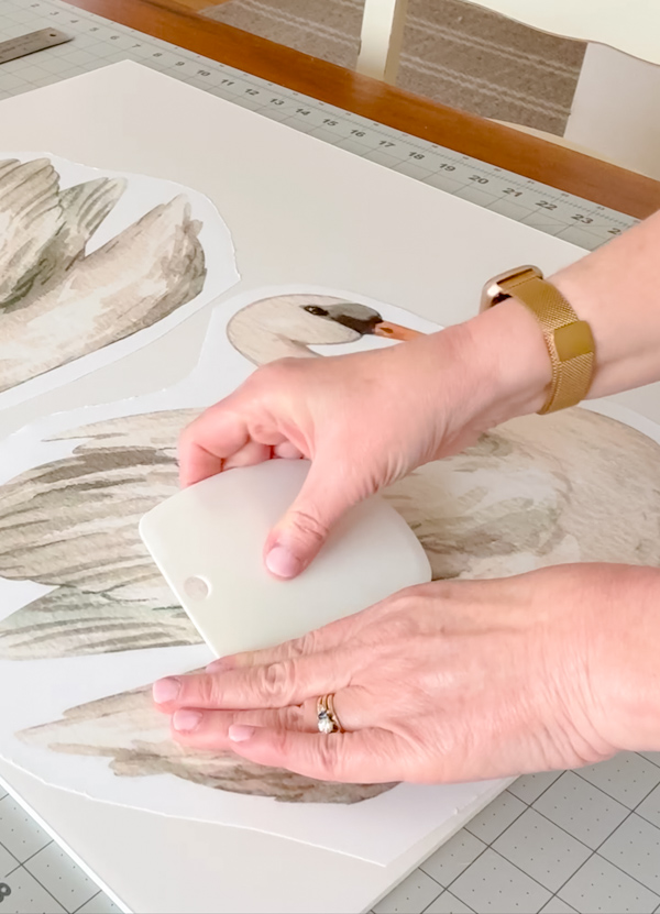 Use a sqweegee to apply a printable swan to foam board.