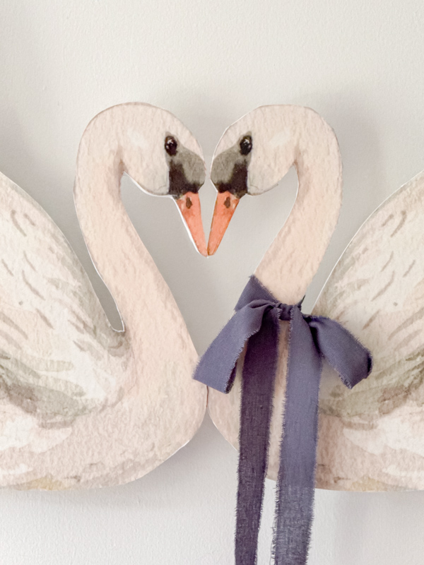 Swans in love watercolor printable large wall decor and blue ribbon