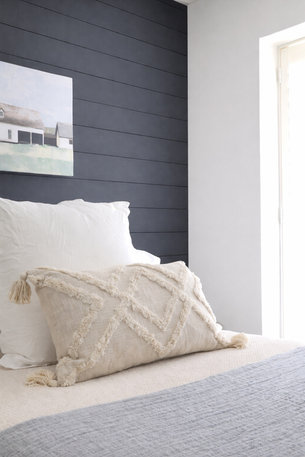 Sherwin Williams Inkwell painted on a bedroom shiplap wall