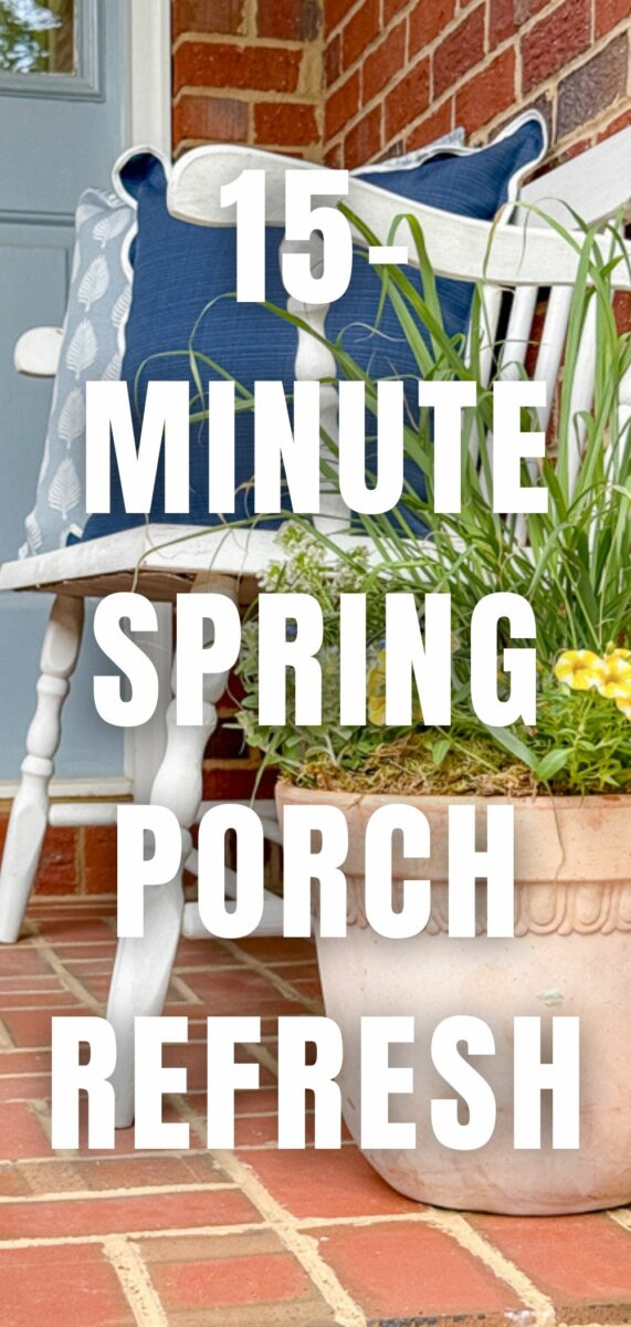 Simple spring porch refresh. Terracotta planter with flower garden, white bench and outdoor pillows all by Lowes