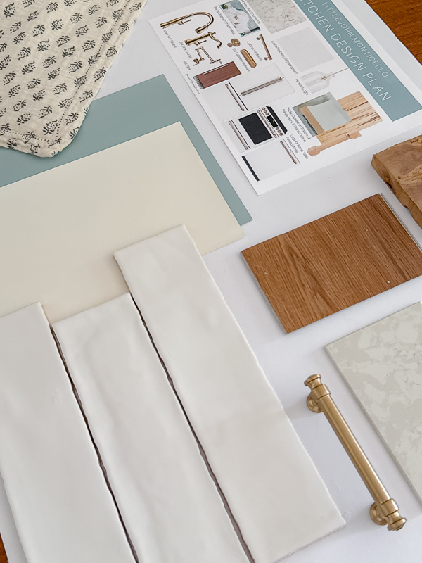 Design plan with finished such as tile, wood, cabinet hardare and paint colors for a kitchen remodel