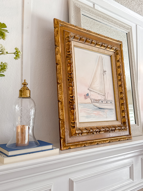 Watercolor American flag sailboat printable in an ornate carved gold vintage frame for year-round Americana and coastal patriotic decor