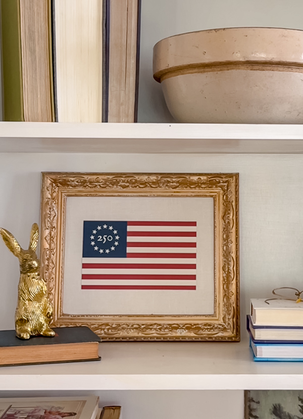 Printed 250th American flag on canvas and then framed on fabric in an ornate gold frame