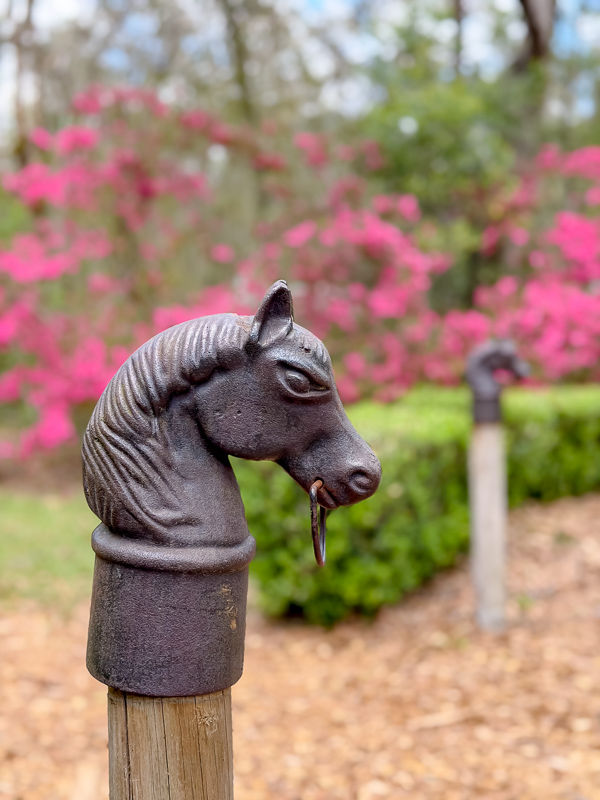 Cast iron horse head hitching posts on the exterior of Belleview make great additions to your exterior for a more old house look for your new home.