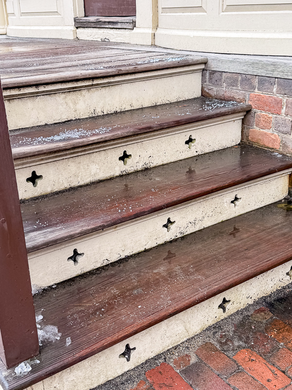 Outside at Williamsburg are stairs with a wood carved cross on the risers. Great idea for interior or exterior stairs in a new build.