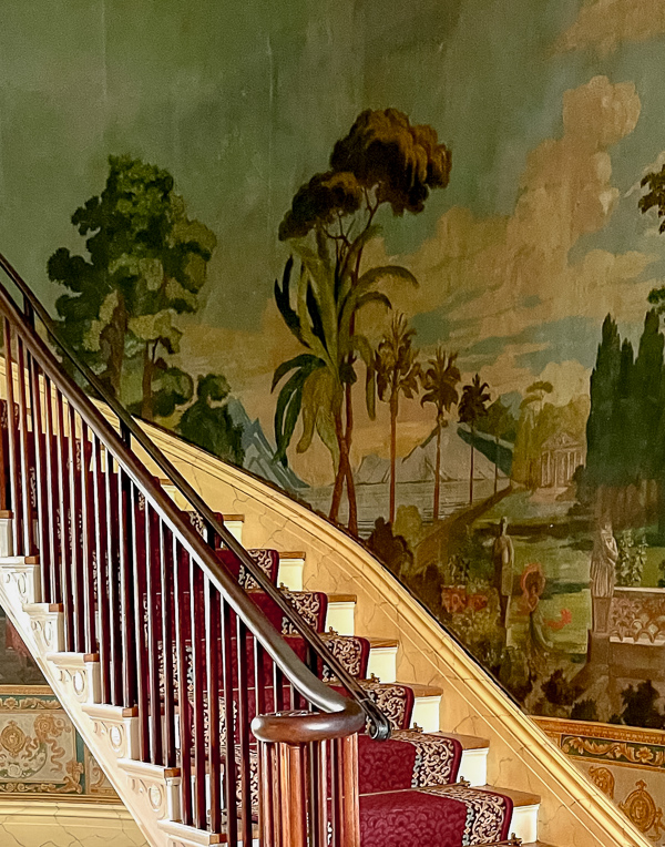 Hand-painted French scenic mural wallpaper in an entrance hall at Hermitage. Idea for a newer home.