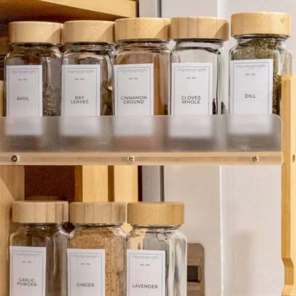 Spice organizer and matching jars and labels