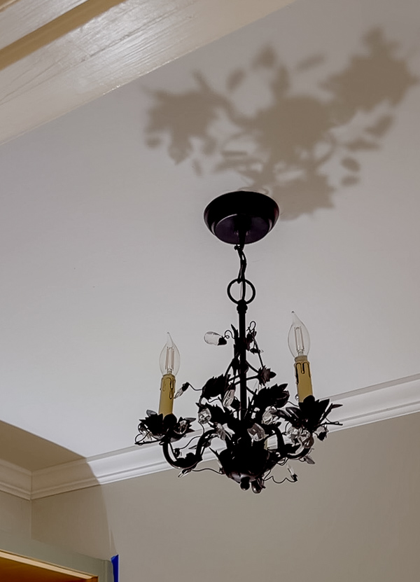Fancy chandelier of bronze ivy in a whimsical cottage garden laundry room.