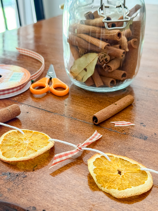 Gingham ribbon bow tied between two dried orange slices on a twine garland